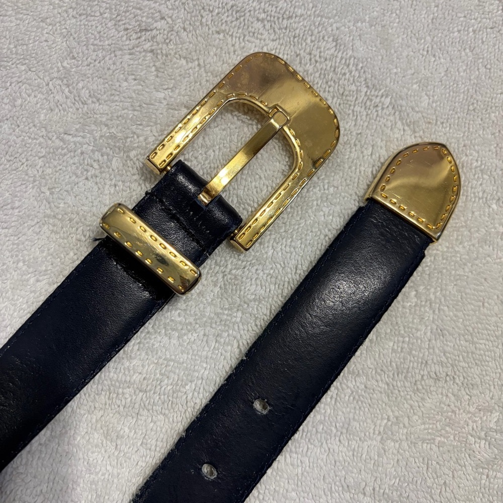 Vintage Christian Dior Blue Leather Belt with Gold-Tone Buckle M